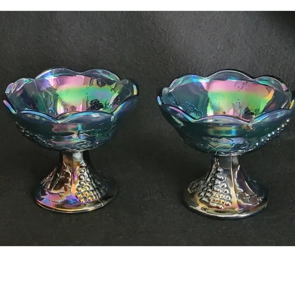 Vintage Blue Iridescent Indiana Carnival Glass Candlestick Holders Set of 2
